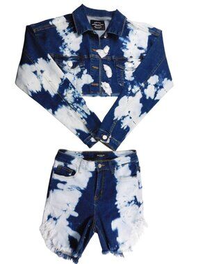 American Bazi Tie Dye Denim Set Crop Jacket Shorts Size S NWT